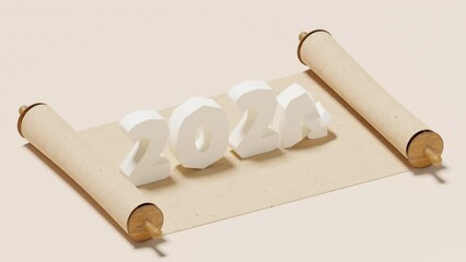 3d animation of a papyrus or parchment book scroll. The book scroll unfolds and the date of the new year 2024 appears on the page. New Year 3d animation - Powered by Adobe