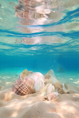 Obraz na płótnie Canvas View of the sandy shelf underwater, flooded with sunlight