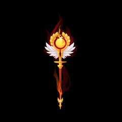 Yellow magic staff with white wings flat style, vector illustration