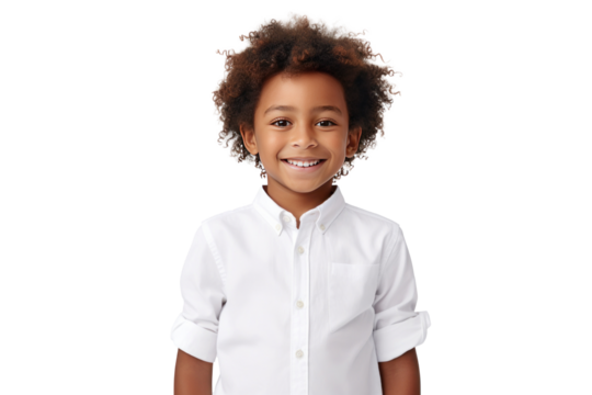 A happy cute african american boy wearing shirt isolated on transparent background.