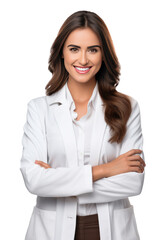 A happy female pharmacist standing with your arms crossed with confidence isolated on transparent background. - obrazy, fototapety, plakaty