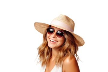 A happy woman in straw hat and sunglasses isolated on transparent background.