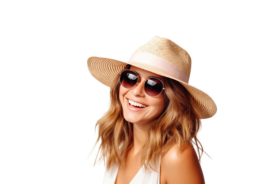 A happy woman in straw hat and sunglasses isolated on transparent background.