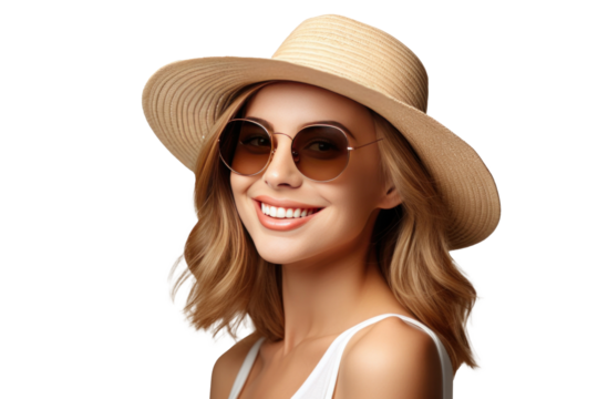 A happy woman in straw hat and sunglasses isolated on transparent background.