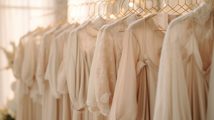 Elegant bridal gowns on display in a bright wedding supermarket shop, clothes on hangers.
