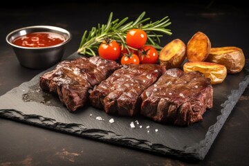 beef ribs with a tangy bbq sauce served on a stone slate