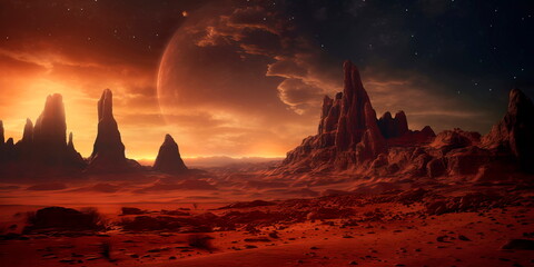 mystical desert with shifting sands and ancient ruins, set against a dynamic, surreal abstract sky.