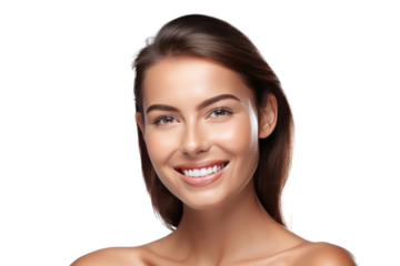A happy young woman with healthy skin showing skincare isolated on transparent background.