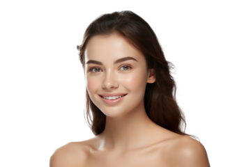 A happy young woman with healthy skin showing skincare isolated on transparent background.