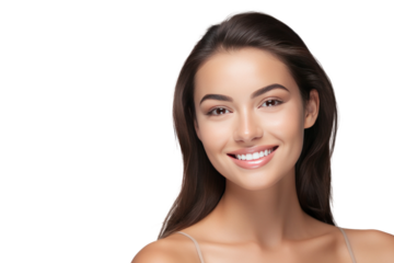 A happy young woman with healthy skin showing skincare isolated on transparent background.