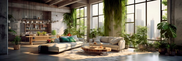 spacious loft apartment with an industrial-style concrete wall, softened by an indoor tropical garden.