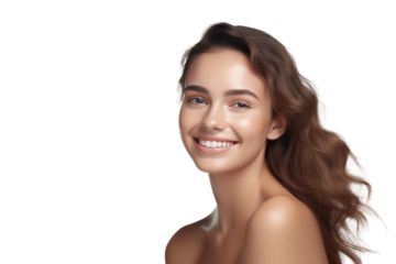 A happy young woman with healthy skin showing skincare isolated on transparent background.