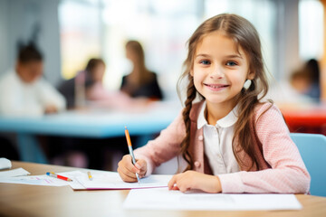portrait of a little girl writing in a notebook in classroom