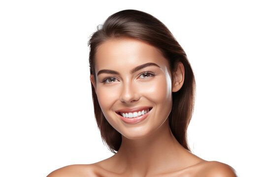 A happy young woman with healthy skin showing skincare isolated on transparent background.