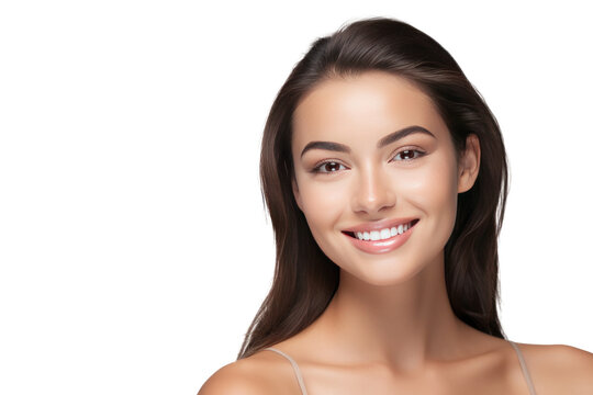 A happy young woman with healthy skin showing skincare isolated on transparent background.