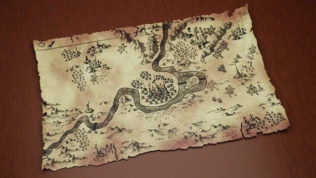 3d animation of the appearance of an ancient map scroll on parchment or papyrus. The map unfolds and shows the location of medieval fantasy cities, roads and rivers.