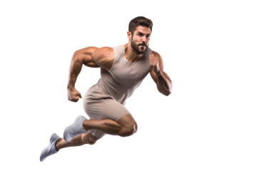 A sports man running and doing strength training isolated on transparent background.