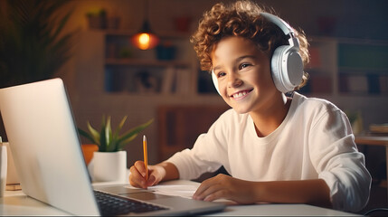 A photo of a smiling child studying at home, 10 year old boy with laptop, kid in headphones...