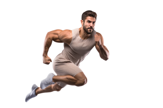 A sports man running and doing strength training isolated on transparent background.