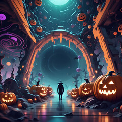 Vibrant Halloween festivities unfold in an interstellar setting, brought to life in a colorful, detailed cartoon style.