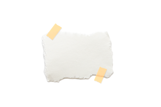 White Ripped Piece of Paper isolated. Top View of Blank Adhesive Paper Tag. Blank Note with Copy Space for Text or Image. transparent background. paper with adhesive tape