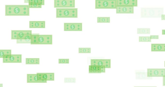 4k green money notes falling on white background animation