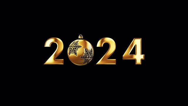 Happy New Year 2024 golden shine text with christmas snow ball ornament effect animation on black background. Isolated with alpha channel quicktime prores 444. 