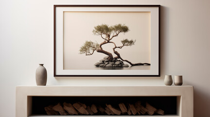 framed photo of a tree and photo on a stone mantle, in the style of flat compositions, minimalist sets