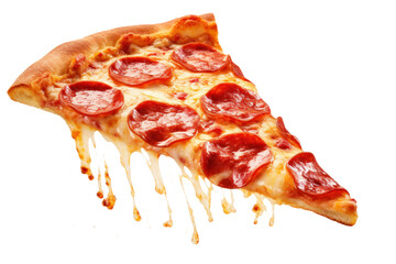 Delicious tasty slice of pepperoni pizza flying isolated on transparent background.