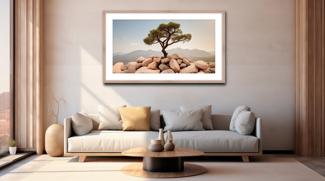 framed photo of a tree and photo on a stone mantle, in the style of flat compositions, minimalist sets