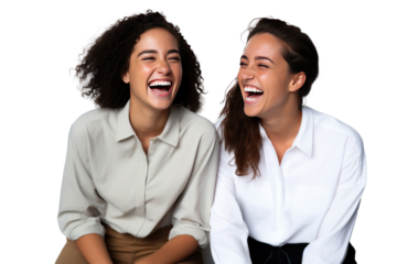 Two interracial best friends laughing and having a good time together isolated on transparent background.