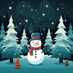 super cute snow man, christmas trees forest background, christmas card style