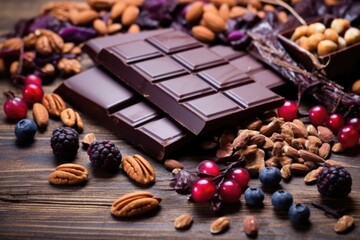 dark vegan chocolate bars with nuts, berries on wooden surface