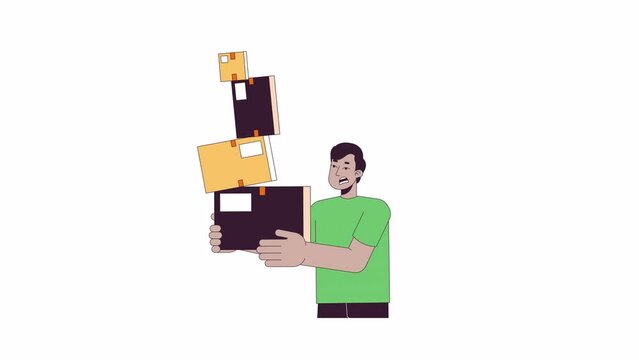 Troubled indian guy carrying unsteady boxes line 2D character animation. Stressed flat color cartoon 4K video, alpha channel. Parcels holding south asian man animated person on white background