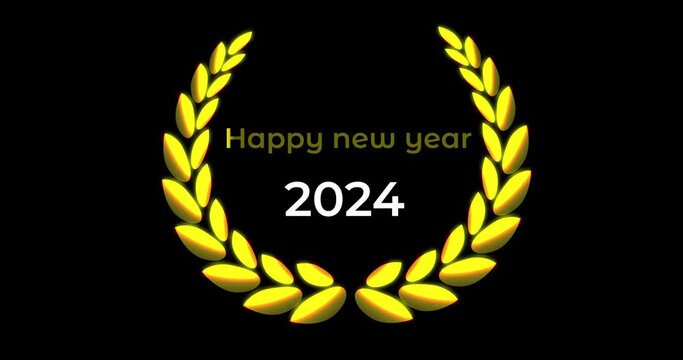 4k happy new year 2024 with golden laurel wreath animation on black background