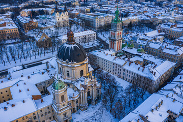 Obraz premium Panoramic view on Lviv in winter from drone