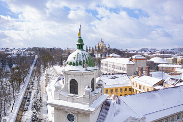 Obraz premium Panoramic view on Lviv in winter from drone
