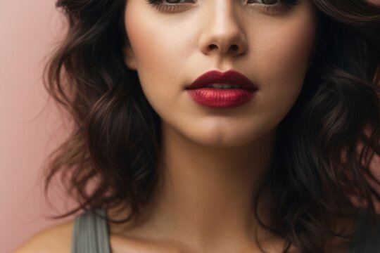 Close-up cropped photo of a brunette woman's face with bright red lipstick on plump lips, half-open mouth. Makeup, beauty, cosmetics concepts.