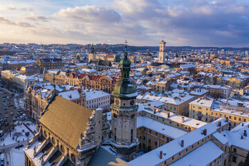 Panoramic view on Lviv in winter from drone