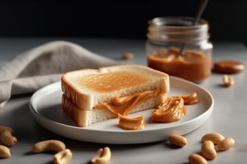 sandwich with peanut butter with peanuts on light plate on a table.breakfast