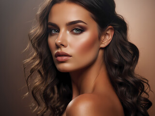 Naklejka premium woman with long bown curly hair. Portrait of a Beautiful Brunette sexy girl with long hair