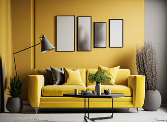 Modern interior with yellow monochromatic color scheme
