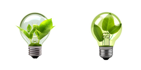 energy saving light bulb. Light bulb with leaf concept of green energy - obrazy, fototapety, plakaty