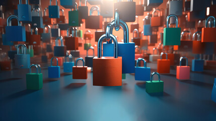 Abstract background with padlocks, network protection. Digital Cybersecurity, internet security concept. - obrazy, fototapety, plakaty