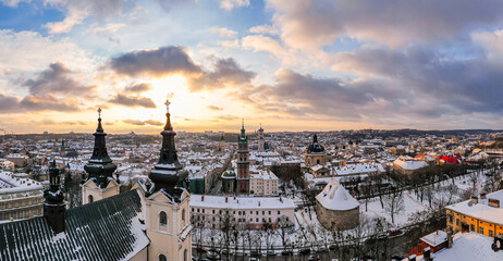 Obraz premium Panoramic view on Lviv in winter from drone