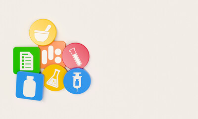 Pharmacist symbols on plastic cubes and circles. 3D Rendering.