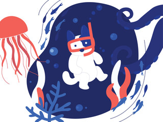 Funny dog mermaid swimming underwater cartoon flat illustration. Cute summer puppy pet. Under water sea dogs print. Cute children's illustration with the dog diving along coral reefs