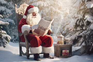 Santa claus sitting and reading newspaper in snowy forest. Morning sunny scene outside. Relaxed, joy, slowly santa forgot about presents or christmas.