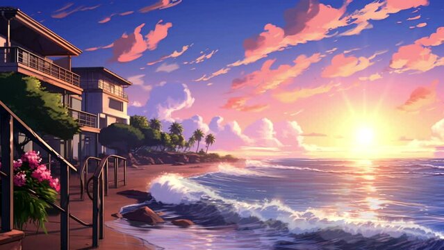 sea ​​view with beautiful sunset, loop video background animation, cartoon anime style. for vtuber / streamer backdrop