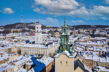 Panoramic view on Lviv in winter from drone